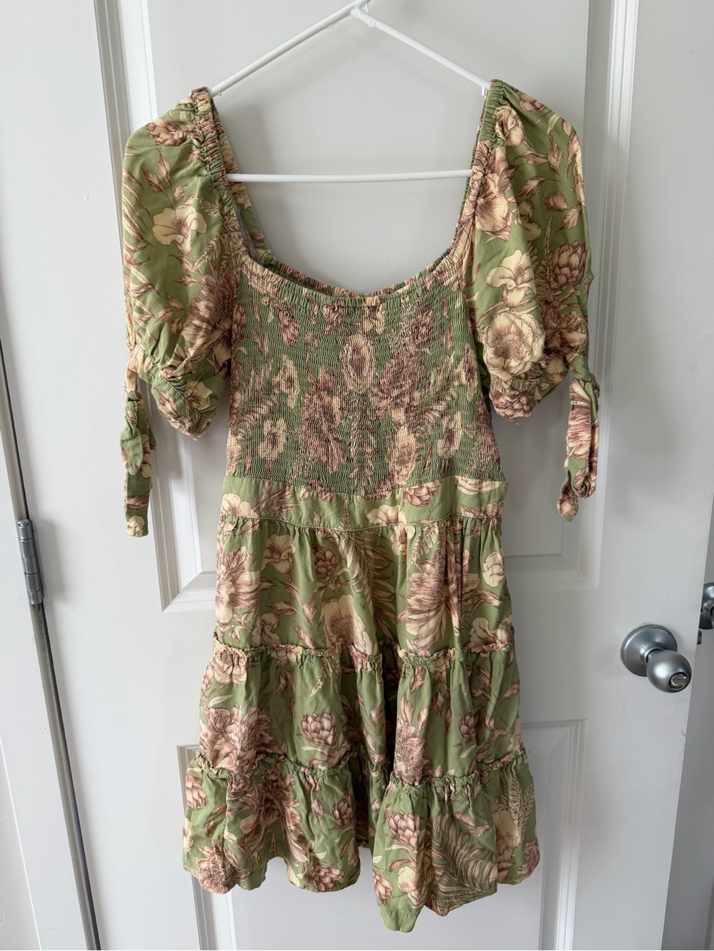 Agua Bendita Sage Green & Beige Floral Smocked Mini Dress